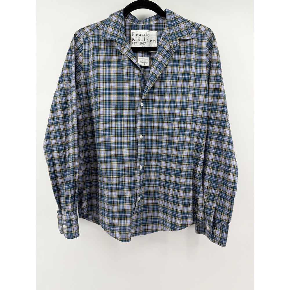 Frank & Eileen Barry Shirt Womens M Blue Green Plaid Cotton Button Up Italy
